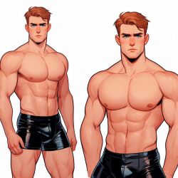 blue_eyes ginger latex leather_underwear male muscular muscular_male standing