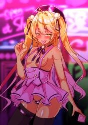 1girls amamiya_kokoro black_thighhighs blonde_hair blowjob_gesture breasts condom dress female ganguro gyaru hat ishi_no_shita looking_at_viewer nijisanji nipple_slip pigtails pink_clothing pussy_juice tagme tanned thong tongue tongue_out virtual_youtuber yellow_eyes