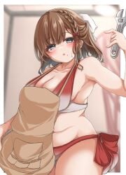 alternate_costume apron asahi_(kantai_collection) bikini blurry blurry_background braid brown_apron brown_hair collarbone female gradient_bikini grey_eyes hair_ribbon highres holding holding_wrench kantai_collection kasashi_(kasasi008) looking_at_viewer mole mole_under_mouth nearly_naked_apron plump red_bikini ribbon short_hair side-tie_bikini_bottom side_braid solo standing swimsuit two-tone_bikini white_bikini white_ribbon wrench