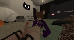 black_lipstick brown_hair cat_boy cat_ears catboy crop_top curious femboy femboyiguess goth grey_eyes handwear looking_at_penis medium_penis penis purple_clothing self_upload thighhighs vrchat