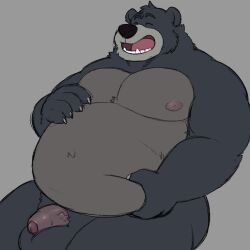 2023 anthro balls baloo bear belly big_belly black_nose closed_eyes genitals kosukerw male male_only mammal moobs nipples overweight overweight_male penis simple_background solo the_jungle_book