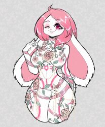 anthro anthro_only big_ears clothing female flower flower_accessory lagomorph leporid lynlynbuns mammal nanniras one_eye_closed plant rabbit solo thick_thighs wide_hips wink