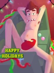 armpit_hair camp_camp camp_lad_david candy_cane candy_cane_in_mouth christmas christmas_hat christmas_lights creative_censorship david_(camp_camp) looking_at_viewer looking_seductive nude ornaments pubes pubic_hair red_hair rooster_teeth sitting_on_couch solo tagme twink