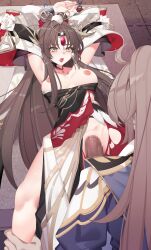 1boy bare_legs blush breasts breasts_out brown_hair censored chained chains character_request detached_sleeves double_bun earrings female hair_bun highres hua_yi_shanxin_zhiyue jewelry jianxia_qingyuan_(series) jianxia_qingyuan_online_3 light_brown_hair long_hair nami_qi nipples open_mouth ponytail princess sex table two-tone_dress upper_body yellow_eyes zhao_yang