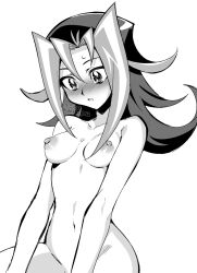 black_and_white blush dntks female kamishiro_rio long_hair looking_down navel nipples nude rio_kamishiro small_breasts sweatdrop white_background yu-gi-oh! yu-gi-oh!_zexal