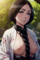 ai_generated black_hair bleach braid braided_hair cherry_blossoms exposed_breasts long_hair mature mature_female nipples open_clothes outdoors parted_hair shiny_breasts shiny_skin single_braid smile unohana_retsu yukata