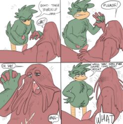 anthro avian begging bird blush bodily_fluids comic command cum cum_on_body don't_hug_me_i'm_scared drooling duck_guy_(dhmis) duo feathers genital_fluids genitals green_body green_feathers hair hand_holding hi_res humanoid lidded_eyes male male/male male_focus male_only masturbation nude penile penile_masturbation penis red_body red_guy_(dhmis) red_hair saliva size_difference small_dom_big_sub smile tail_feathers tapering_penis tongue tongue_out werdopon