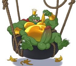 balls banana cape crocodile donkey_kong_(series) erect_penis erection fat_man feet feet_up gold_jewelry green_skin k_rool laying laying_down moobs overweight overweight_male penis sharp_claws sharp_teeth toomanyboners