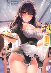 2girls 2others ahoge apron black_dress black_hair blurry blurry_foreground blush breasts buttons cleavage collarbone commentary_request double-breasted dress food frilled_dress frills fruit hair_between_eyes highres holding holding_phone holding_tray indoors kawai_(purplrpouni) large_breasts long_hair looking_at_viewer looking_down maid maid_headdress multiple_girls multiple_others no_panties original phone puffy_short_sleeves puffy_sleeves purple_eyes short_sleeves solo_focus taking_picture thighs tray waist_apron wavy_hair white_apron