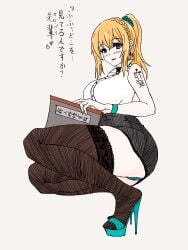 2d blonde_hair blue_eyes blush collar crown_braid eyelashes girls'_frontline high_heel_sandals high_heels lace-trimmed_thighhighs large_breasts mosin-nagant_(girls'_frontline) naughty_face office_lady ponytail squatting thick_thighs thighhighs tight_skirt wide_hips younger_female