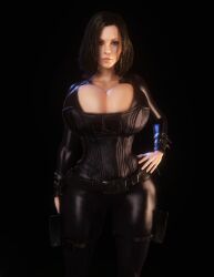 1girls 3d 3d_(artwork) 3d_model alternate_breast_size black_bodysuit black_hair bodysuit breasts_bigger_than_head child_bearing_hips corset female female_only female_solo gigantic_breasts hand_on_hip hourglass_figure huge_breasts kate_beckinsale looking_at_viewer selene_(underworld) skin_tight small_waist solo solo_female thighs thin_waist top_heavy underworld vaako vampire vampire_girl wide_hips