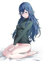 1girls alternate_costume ameno_(a_meno0) black_sweater blue_eyes bottomless breasts feet female female_only fire_emblem fire_emblem_awakening hand_on_leg kneeling long_hair lucina_(fire_emblem) nintendo parted_lips ribbed_sweater seiza sitting small_breasts solo sweater white_background