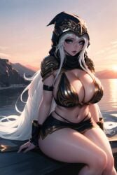 ai_generated ashe_(league_of_legends) big_breasts blush cixf huge_ass huge_breasts league_of_legends league_of_legends:_wild_rift sitting thick_thighs thong_above_skirt wide_hips