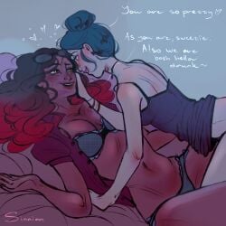 2girls after_kiss aged_up alya_cesaire dialogue drunk glasses_on_head imminent_sex lace-trimmed_bra lace-trimmed_panties lipstick_marks lipstick_on_breast marinette_cheng marinette_dupain-cheng miraculous_ladybug multiple_girls sinnian tanktop unbuttoned_shirt yuri