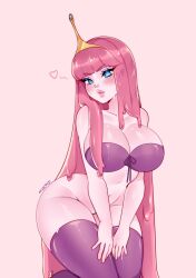 1girls adventure_time big_breasts blue_eyes bra clenched_teeth crown female female_only large_ass lipstick long_hair looking_at_viewer pink_body pink_hair pink_skin princess_bubblegum rebthgin solo solo_female solo_focus thick_thighs thighhighs thighs wide_hips