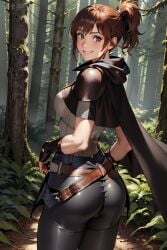 ai_generated aig1587 armor belt big_ass big_butt brown_eyes brown_hair cape cloak dota_2 female female_only forest forest_background leather_pants leggings marci ponytail rear_view smile standing