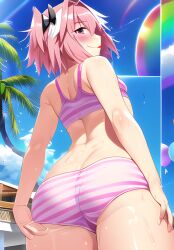 1boy ai_generated ass ass_focus astolfo_(fate) balloon beach big_ass big_butt bulge fate/apocrypha fate/grand_order fate_(series) femboy girly male male_only novelai ocean pier pink_eyes pink_hair pov rainbow shorts smile smiling smiling_at_viewer striped_panties tongue tongue_out wet wet_clothes