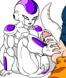 4_toes 5_fingers animated animation cum cum_on_body cumshot dragon_ball dragon_ball_super dragon_ball_z footjob frieza gay goku penis red_eyes son_goku touching_penis touching_self veiny_penis white_background white_body yaoi