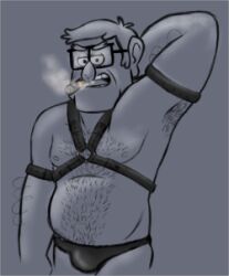 armpits artist_request bara bdsm_gear bdsm_outfit bulge cigar_in_mouth disney flaccid glasses gravity_falls grunkle_stan hairy_male looking_at_viewer male_only monochrome old_man solo stanley_pines tagme underwear