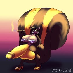 absurd_res anthro anthro_only balls big_balls big_breasts big_penis breasts brown_body brown_fur cigarette cigarette_holder clothing dirtymac footwear fur futa_only genitals hi_res high_heels huge_balls huge_breasts huge_cock hyper hyper_balls hyper_breasts hyper_genitalia hyper_penis intersex lipstick makeup mammal mephitid nipple_mouth penis skunk smoking yellow_body yellow_fur