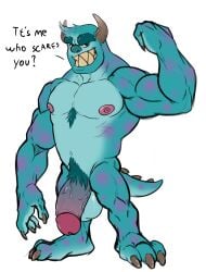 1boy 2018 anthro balls bara barazoku big_balls big_penis blue_body blue_fur claws completely_nude dialogue disney english_text fur furry gay half-erect hi_res highres humanoid_genitalia humanoid_penis looking_at_viewer male male_focus male_only male_pubic_hair mammal manly monster monsters_inc monsters_university muscular_anthro narram nipples nude penis pixar solo solo_male sulley tail teeth teeth_visible text