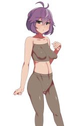 1girls ahoge ass_visible_through_thighs bare_midriff bare_shoulders bernadetta_von_varley black_eyes bodystocking covered_nipples female female_only fire_emblem fire_emblem:_three_houses hair_between_eyes looking_at_viewer midriff nintendo open_mouth pantyhose perky_breasts pibu purple_hair pussy short_hair shoulders solo sweatdrop white_background