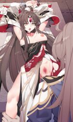 1boy bare_legs breasts breasts_out brown_hair censored chained chains character_request detached_sleeves double_bun earrings female hair_bun highres hua_yi_shanxin_zhiyue jewelry jianxia_qingyuan_(series) jianxia_qingyuan_online_3 light_brown_hair long_hair nami_qi nipples open_mouth ponytail princess pussy table two-tone_dress upper_body yellow_eyes zhao_yang