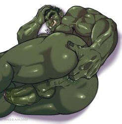 1boy anus ass balls bara barazoku big_balls big_penis completely_nude erection fangs gay green_body green_skin hi_res highres looking_at_viewer male male_focus male_only manly muscular_male narram nude orc orc_male penis pointy_ears solo solo_male teeth teeth_visible