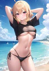 1girls ahoge ai_generated arms_behind_head arms_up bangs beach bikini bikini_bottom black_bikini black_shirt blonde_hair blue_sky blush boat breasts brown_hair caustics clothes_lift cloud cloudy_sky collarbone cowboy_shot crop_top day earth_\(planet\) female female_only fisheye horizon island lake large_breasts looking_at_viewer medium_breasts mole mountainous_horizon navel ocean outdoors pier pink_eyes pool poolside red_eyes sand seagull shirt shirt_lift shore short_hair short_sleeves side-tie_bikini side-tie_panties sky smile solo standing stomach string_bikini sunlight swimsuit thighs underboob wading water watercraft waves wet