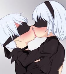 1boy 1girls blindfold blush blush_lines clothed clothed_female clothed_female_clothed_male clothed_male clothed_male_clothed_female duo female grey_background hairband kiss kissing male mole mole_under_mouth nier:_automata nier_(series) nose_kiss reu4bxizo7zn20y short_hair simple_background square_enix straight sweat upper_body white_hair wholesome yorha_2b yorha_9s