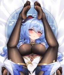 black_legwear blue_hair blush bodystocking breasts dress ganyu_(genshin_impact) genshin_impact gloves horns large_breasts legs_up looking_at_viewer navel pantyhose skin_tight skindentation spread_legs toes underboob wu_ganlan_cai