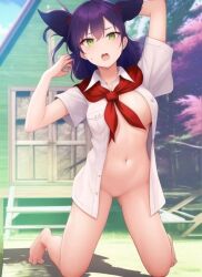 ai_generated big_breasts bottomless everlasting_summer female green_eyes lena_(everlasting_summer) on_knees outside tie unbuttoned_shirt unyl-chan unyl-tan violet_hair