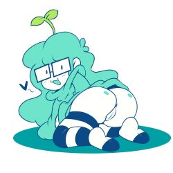 :3 :3d ass bluejr blush blushing_at_viewer bottomless emi glasses green_hair jaltoid leaf leaf_on_head looking_at_viewer no_panties pussy striped_legwear striped_thighhighs sweatshirt tagme thighhighs youtube