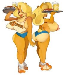 1girls alternate_version_available animal_ears anthro areolae ass big_ass big_breasts big_lips bimbo bimbo_lips blonde_hair blue_nail_polish blue_nails bottomwear breasts breasts_out crabtopus crash_(series) crash_(series) female female_only footwear full_body furry hair holding_plate hooters hooters_uniform huge_breasts large_breasts legs lips nail_polish nails nipple_piercing nipples nipples_visible_through_clothing plate shoes side_view sideboob skimpy skimpy_clothes solo solo_female tail tawna_bandicoot thick_lips topless topwear