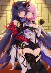 2girls absurdres armor benghuai_xueyuan black_legwear blue_eyes blush breasts chinese_commentary cleavage commentary_request elbow_gloves elysia_(honkai_impact) elysia_(miss_pink_elf)_(honkai_impact) gloves hair_ornament hand_on_another's_crotch highres honkai_(series) honkai_impact_3rd horns huge_filesize large_breasts looking_at_another multiple_girls nervous pink_hair purple_eyes purple_hair raiden_mei raiden_mei_(herrscher_of_thunder) short_shorts shorts shoulder_armor thighhighs white_legwear wu_ganlan_cai yuri