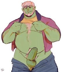 1boy arm_hair bara bare_pectorals beard big_belly blush chest_hair clothes_lift clothes_pull colored_skin cowboy_shot denim erection facial_hair girthy_penis green_skin heterochromia highres jeans large_pectorals lifted_by_self looking_at_viewer male_focus male_only male_pubic_hair mature_male monster_boy muscular muscular_male navel navel_hair nipple_piercing nipples orc original pants pants_pull pectorals penis piercing pubic_hair ruslorc shirt_lift short_hair solo stomach thick_eyebrows thick_thighs thighs tusks