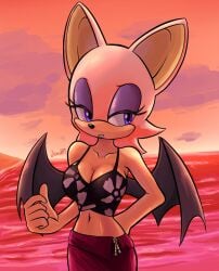 1girls anthro bat blue_eyes chiropteran cleavage female female_only jamoart midriff navel rouge_the_bat sega solo sonic_(series) sonic_the_hedgehog_(series) sunset tagme white_hair