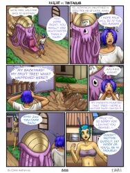 2girls antennae blue_eyes blue_hair chapter_13 cheek_markings comic eldrik_aethervial english_text fairies_vs_tentacles monster myri_(fvt) page_666 prue_(fvt) tentacle zak_(fvt)