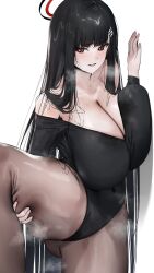 black_hair black_shirt blue_archive blunt_bangs blush breast_press breasts brown_pantyhose cleavage female gluteal_fold hair_ornament hairclip halo highres huge_breasts long_hair millennium_science_school_student open_mouth pantyhose poharo red_eyes red_halo rio_(blue_archive) seminar_(blue_archive) seminar_president shirt smile solo standing standing_on_one_leg student_council_president sweatdrop thick_thighs thighs very_long_hair