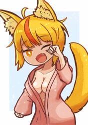 1girls bangs bathrobe blonde_hair breasts chibi female female_only fire_emblem fire_emblem_fates fox_girl kitsune looking_at_viewer medium_breasts multicolored_hair naked_bathrobe nintendo one_eye_closed selkie_(fire_emblem) short_hair solo sue-harapeko yawn yellow_eyes