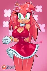 1girls amy_rose anthro anthro_only artist_signature big_breasts breasts cleavage dress eyelashes eyeliner female female_only flower frills furry furry_only gloves hi_res jamoart makeup sega short_dress sonic_(series) sonic_the_hedgehog_(series) tail thin_waist wide_hips