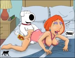 barefoot bed brian_griffin butt_slap collar doggy_style duo family_guy feet female feral from_behind_position furniture hair happy happy_sex hi_res human lipstick lois_griffin makeup male male/female mammal on_bed orange_hair pillow red_collar sex slap spanking teeth tongue tongue_out tropicoboy zoophilia