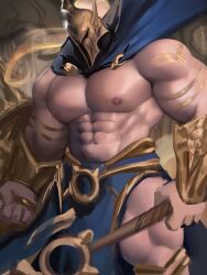 1boy bara kaysuo league_of_legends male male_only muscular muscular_male no_visible_genitalia pantheon pecs solo solo_male