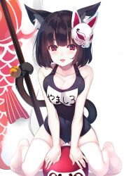 1girls animal_ears azur_lane big_breasts black_hair blush breasts calico_malyu cat_ears cat_tail catgirl female female_only light-skinned_female light_skin looking_at_viewer one-piece_swimsuit red_eyes sakura_empire_(azur_lane) short_hair solo swimsuit tail thighhighs white_thighhighs yamashiro_(azur_lane) yamashiro_(summer_offensive?)_(azur_lane)