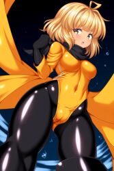 1girls ai_generated anime_girl big_breasts blonde_female blonde_hair blonde_hair blonde_hair_female camel_toe cameltoe latex_suit medium_breasts midjourney multicolored_clothes multicolored_clothing navel pussy_bulge