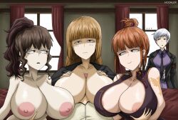 07th_expansion 1boy 2023 3girls areola_slip areolae artist_name battler_ushiromiya bed big_breasts blush breasts brown_hair clothed clothing commission ear_piercing eva_ushiromiya hime_cut kyrie_ushiromiya looking_at_another looking_at_viewer male_pov maroon_eyes natsuhi_ushiromiya orange_hair paizuri pov rosa_ushiromiya tagme tattoo tied_hair umineko_no_naku_koro_ni woomler