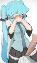 1girls abmayo absurdres blue_eyes blue_hair blush covered_mouth embarrassed eyes_half_open female fingering fingering_partner hatsune_miku heart heart-shaped_pupils highres leggings long_hair skirt sweat sweating tagme thighhighs tie trembling vocaloid