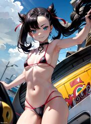1girls adorable ai_generated arm_up armpits arms_up asymmetrical_bangs athletic athletic_female bare_shoulders belly bikini bikini_bottom bikini_top black_bikini black_hair blue_eyes blush braided_bun breasts bun choker city cloud collar cowboy_shot curvy curvy_figure cute dark_hair day detailed double_bun ear_piercing eyelashes female female_only fit fit_female goth hair_ornament hair_ribbon hand_up high_quality human human_only light-skinned_female light_skin lipstick looking_at_viewer marnie_(pokemon) mascara micro_bikini navel nintendo ocean outdoors outside pale-skinned_female pale_skin petite petite_female pokemon pokemon_(game) pokemon_ss sea seductive seductive_eyes seductive_look short_hair shy sidelocks skindentation sky small_breasts smile solo stable_diffusion standing stomach street string_bikini string_panties thighs thin thin_arms thin_female thin_waist tight_clothes tights twintails water young