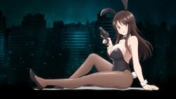 1girls ass breasts brown_eyes brown_hair bunny_ears bunnysuit cleavage clothing hips holding_weapon ikazuchi_riko large_ass large_breasts looking_at_viewer screencap screenshot secret_mission_sennyuu_sousakan_wa_zettai_ni_makenai! thick_thighs thighs