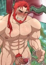 1boy absurdres alternate_body_hair anal bara belgrieve_(s-rank_musume) blush boukensha_ni_naritai_to_miyako_ni_deteitta_musume_ga_s_rank_ni_natteta bound bound_arms brown_eyes cheekbones chest_hair completely_nude cowboy_shot cum ejaculation erection foreskin forked_eyebrows handsfree_ejaculation highres huwenlang lake large_pectorals liuoie2 long_hair looking_ahead male_focus male_pubic_hair muscular muscular_male nipple_tweak nude old old_man one_eye_closed pectorals penis ponytail projectile_cum pubic_hair rape red_hair slime_(substance) solo tears tentacle tentacle_sex tentacles_on_male textless_version thick_eyebrows twitching_penis uncensored veins veiny_penis wrinkled_skin